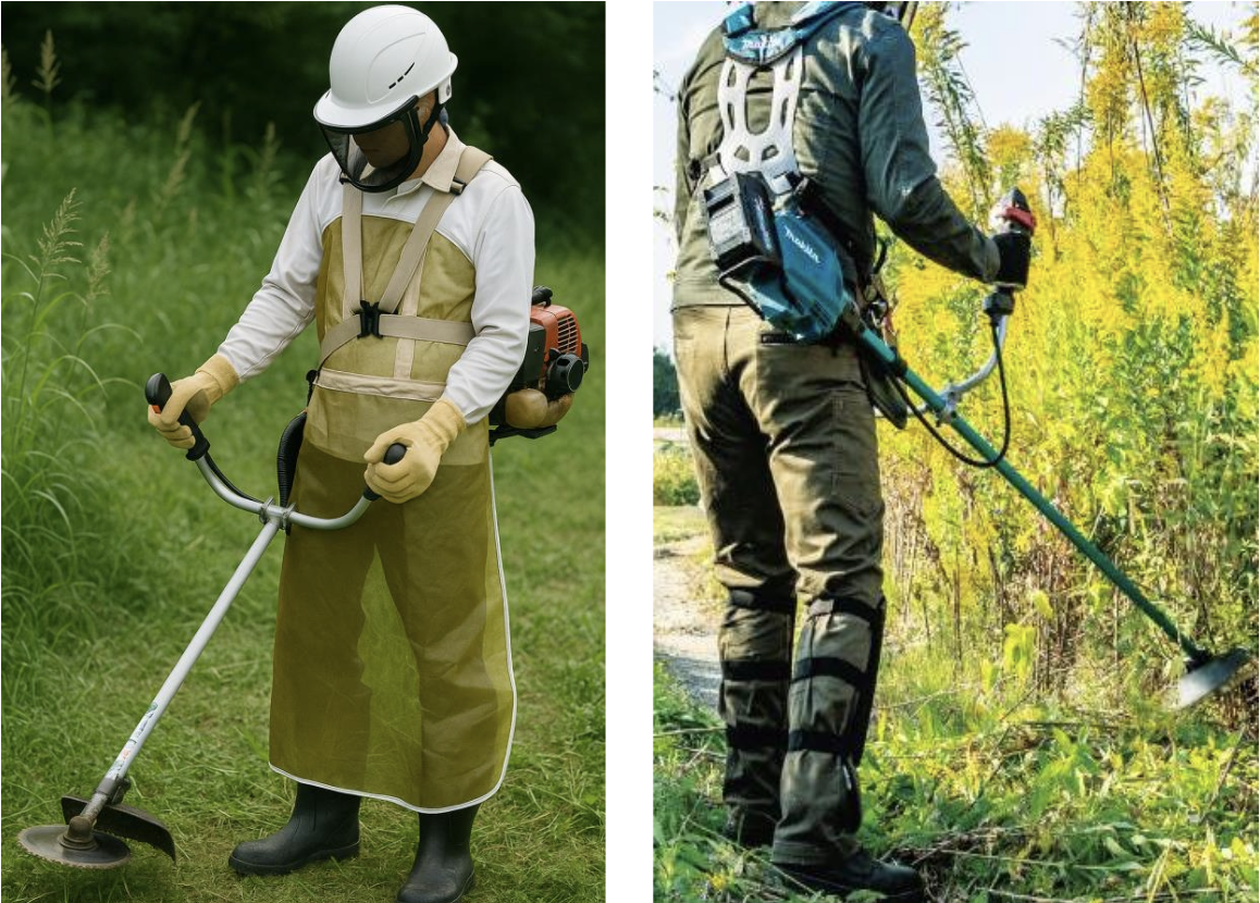 刈払機を使用した作業者と安全装備